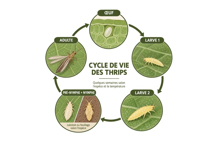 Cycle biologique des thrips avec leur 2 stades larvaires. Illustration générée par IA