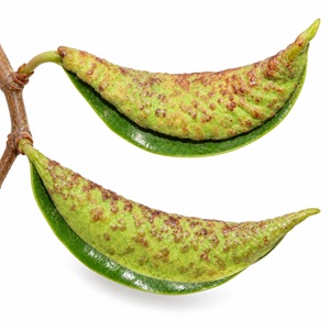 Feuilles de ficus repliées avec de petite tâches rouges brunâtres.