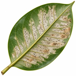Illustration de la face inférieure d'une feuille de ficus attaqué par Hercinothrips femoralis